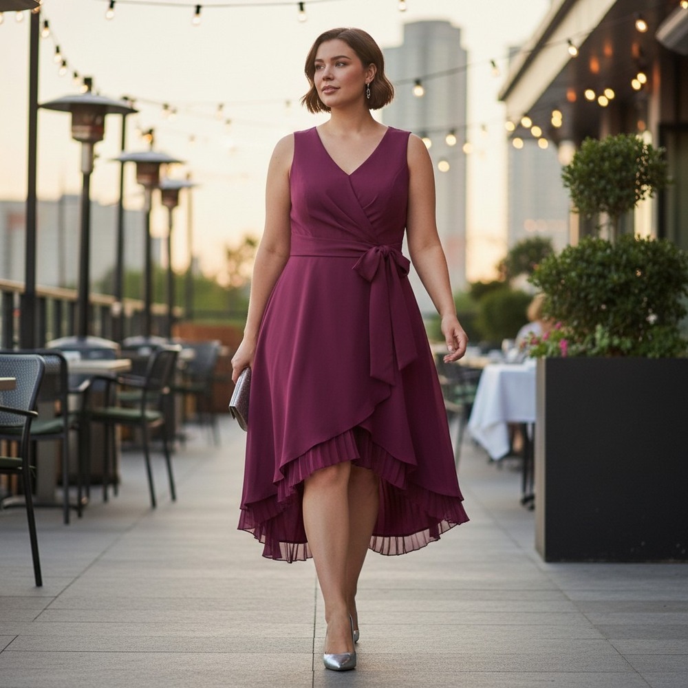 NWT Kay Unger New York Boysenberry High-Low Pleated Cocktail Dress sz16